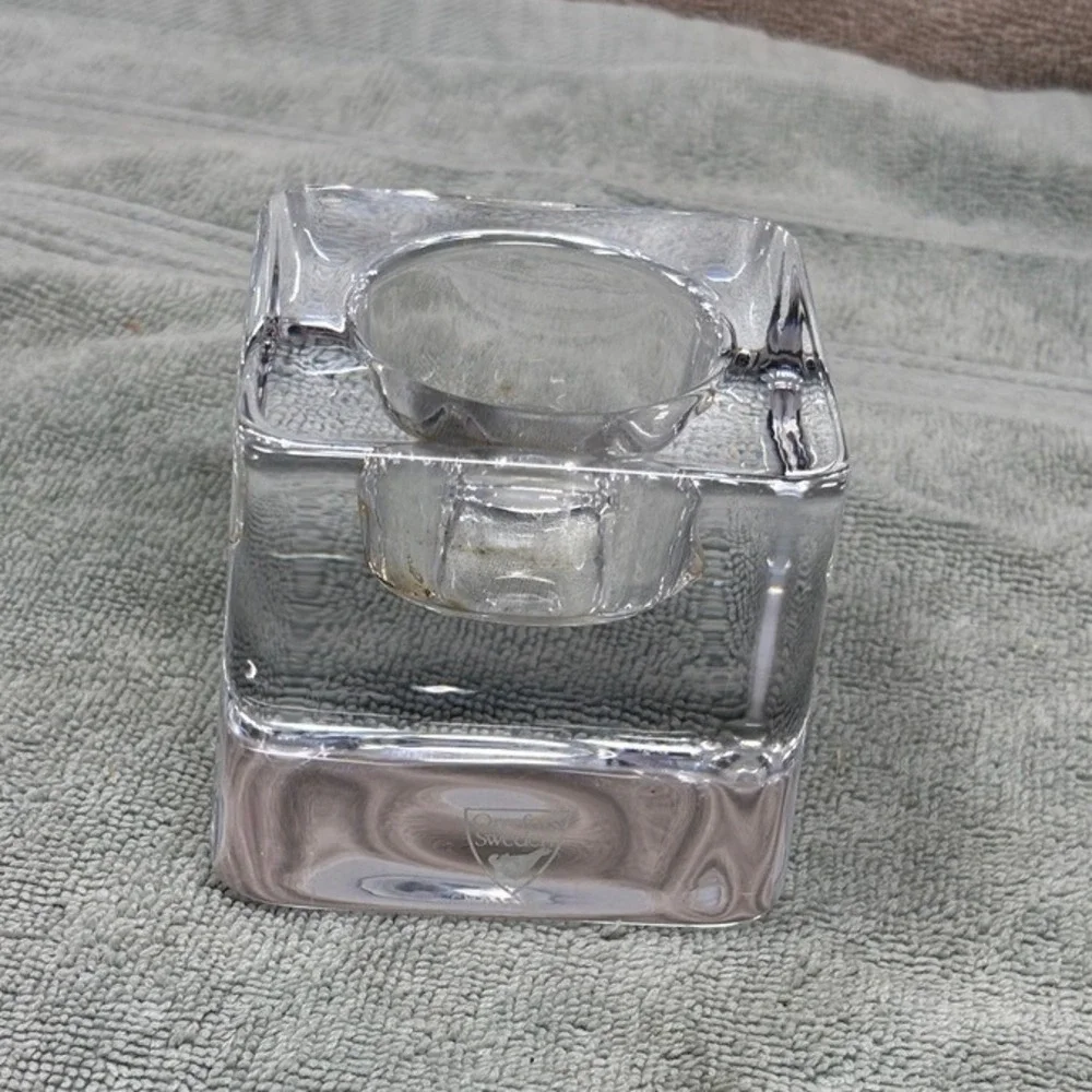 Orrefors Sweden Crystal Cube Votive Candle‎ Holder Signed Clear Art Glass Heavy